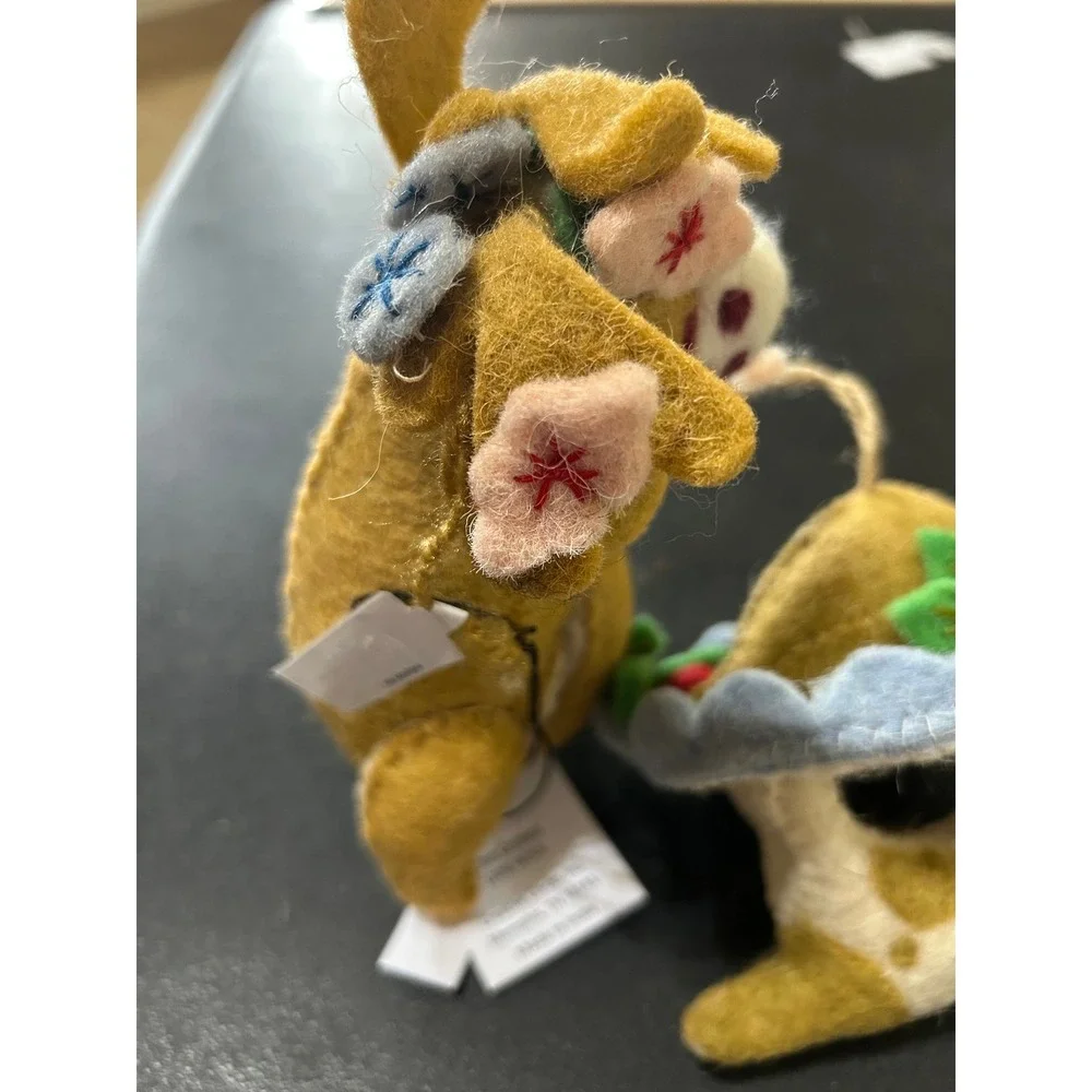 Creative Co-op Felt Wool Animal Ornaments Set/2 Tan Reindeer Dog Kellie Montana